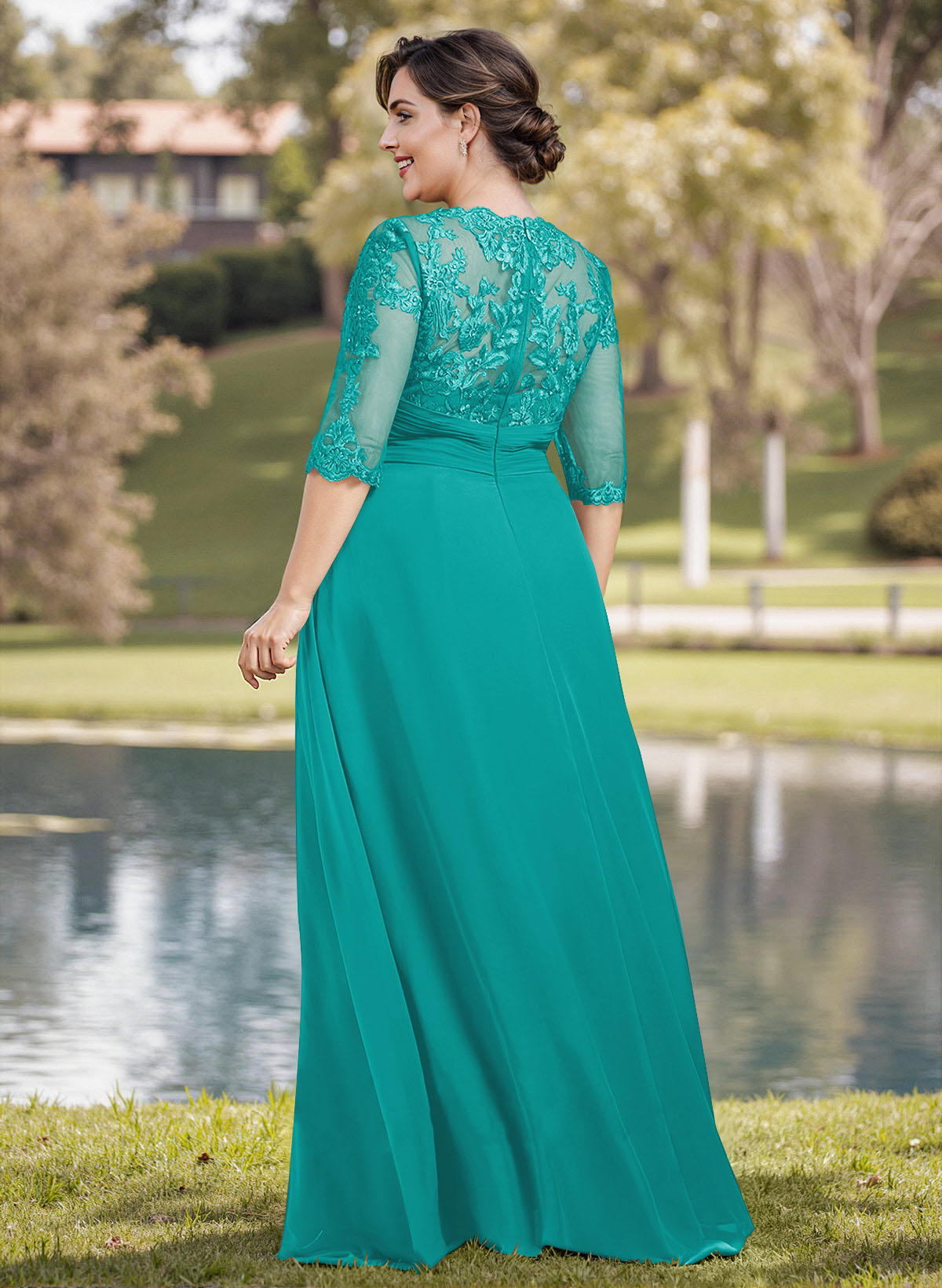 A-Line Illusion Neck 1/2 Sleeves Chiffon Mother Of The Bride Dresses With Appliques Lace