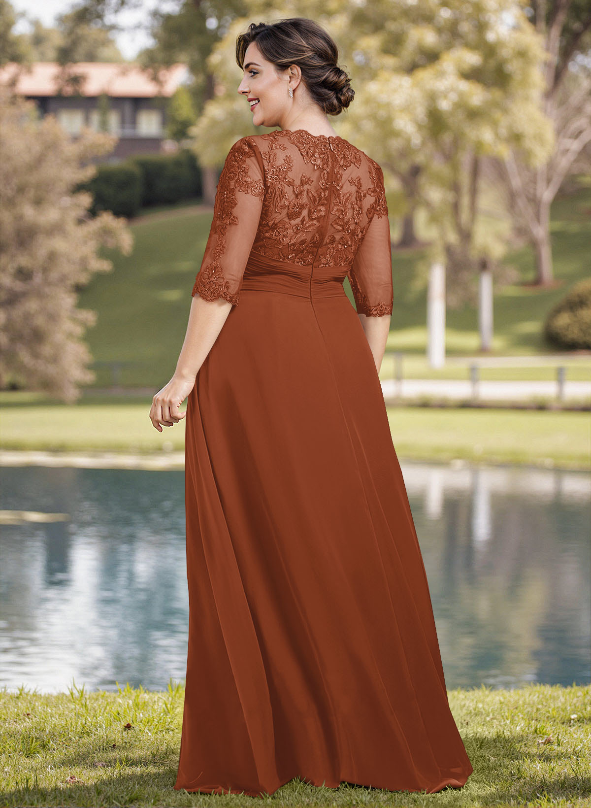 A-Line Illusion Neck 1/2 Sleeves Chiffon Mother Of The Bride Dresses With Appliques Lace