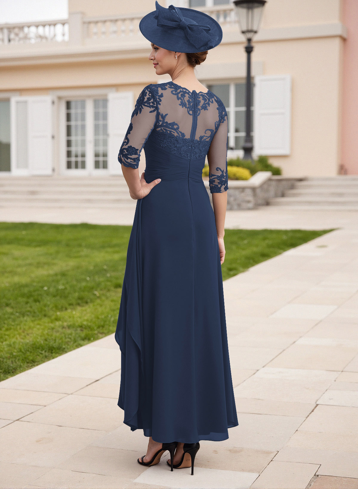 Elegant Illusion Neck A-Line Ankle-Length Lace/Chiffon Mother Of The Bride Dresses