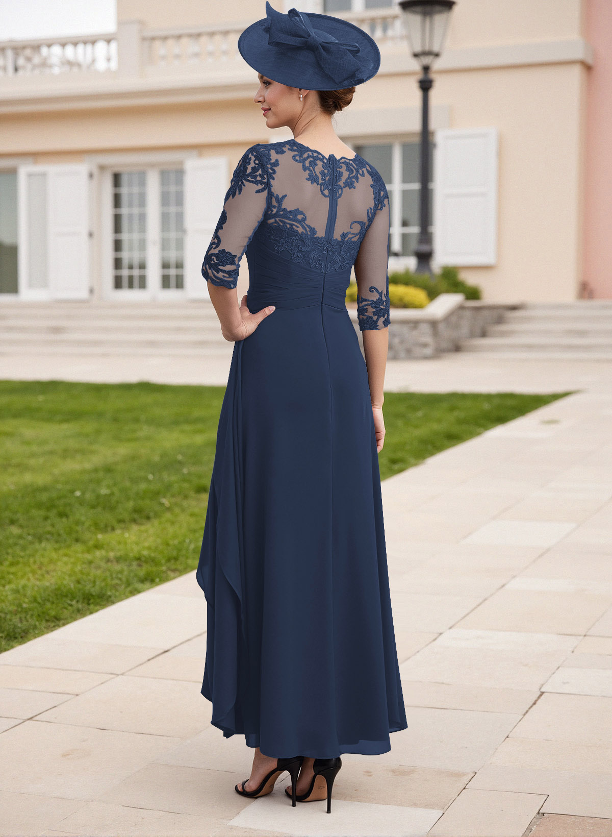 Elegant Illusion Neck A-Line Ankle-Length Lace/Chiffon Mother Of The Bride Dresses