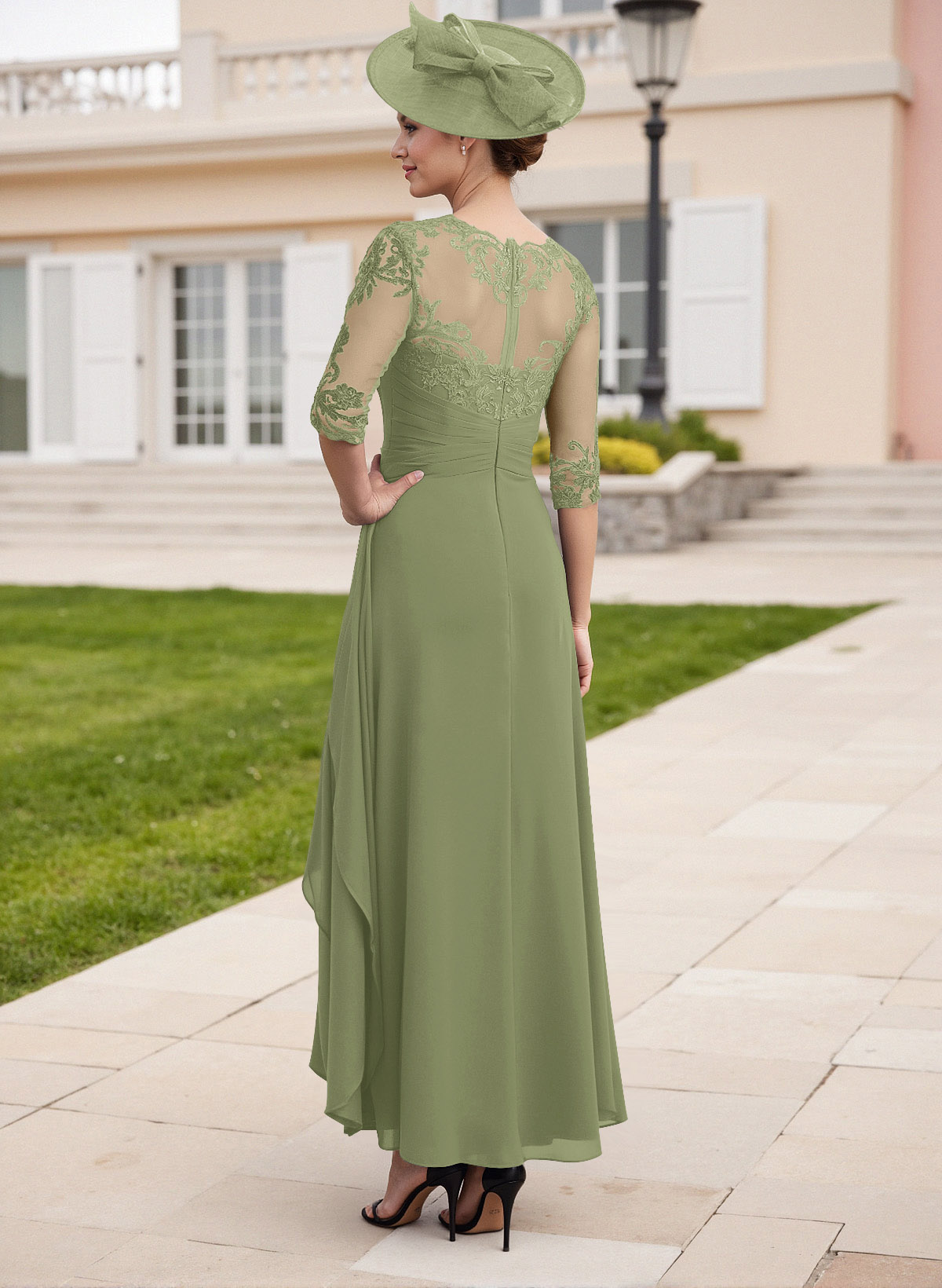 Elegant Illusion Neck A-Line Ankle-Length Lace/Chiffon Mother Of The Bride Dresses