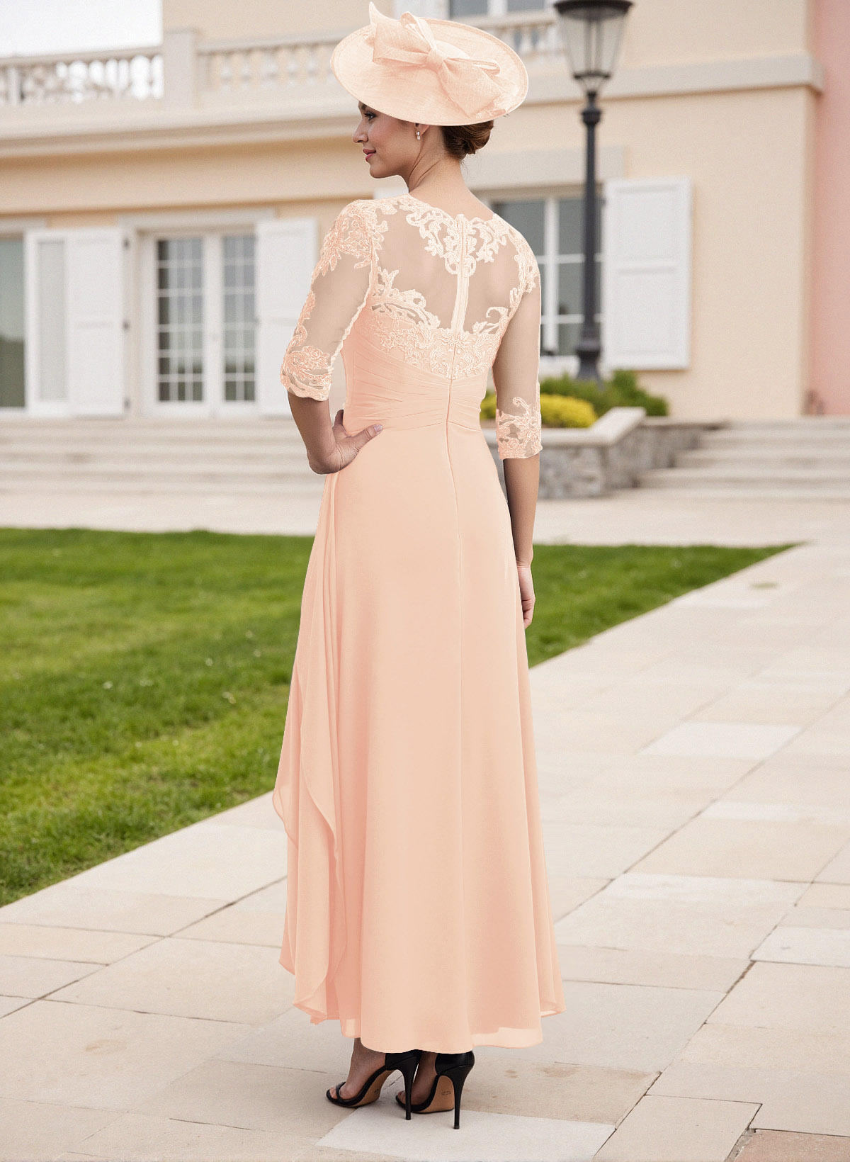 Elegant Illusion Neck A-Line Ankle-Length Lace/Chiffon Mother Of The Bride Dresses