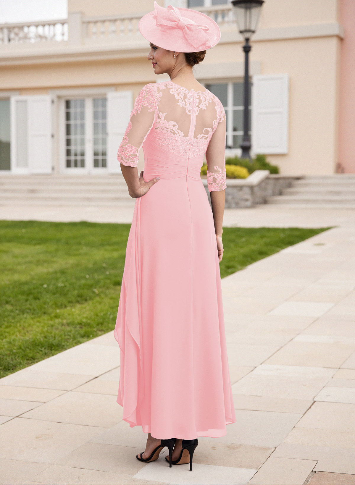 Elegant Illusion Neck A-Line Ankle-Length Lace/Chiffon Mother Of The Bride Dresses