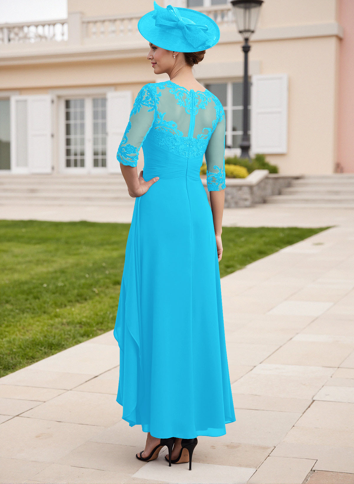 Elegant Illusion Neck A-Line Ankle-Length Lace/Chiffon Mother Of The Bride Dresses