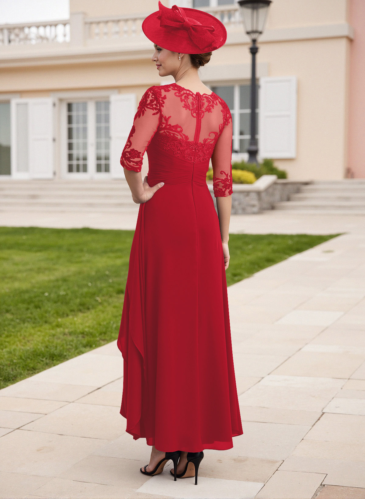 Elegant Illusion Neck A-Line Ankle-Length Lace/Chiffon Mother Of The Bride Dresses