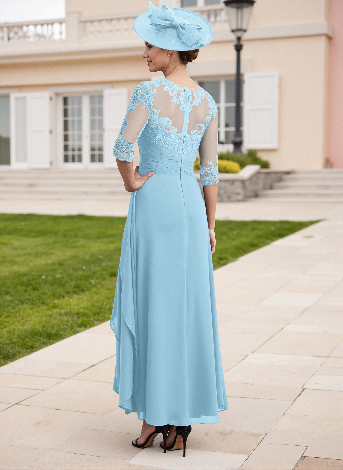 Elegant Illusion Neck A-Line Ankle-Length Lace/Chiffon Mother Of The Bride Dresses