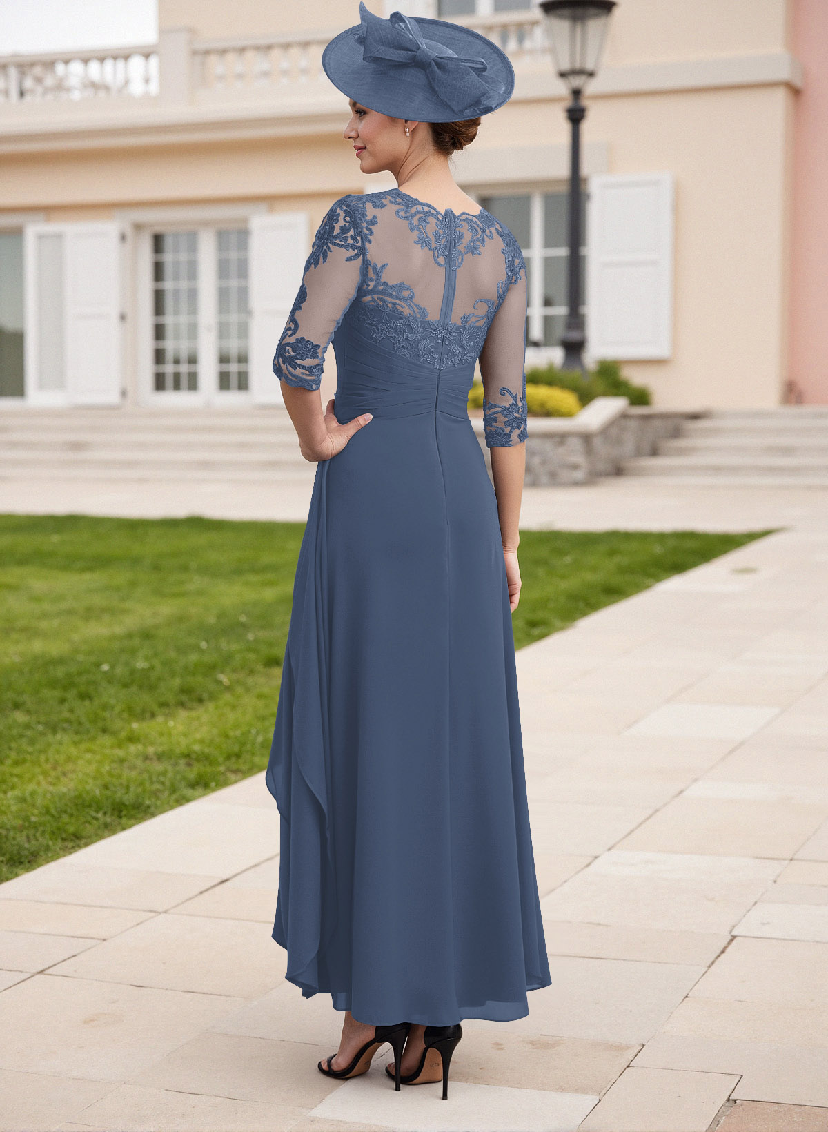 Elegant Illusion Neck A-Line Ankle-Length Lace/Chiffon Mother Of The Bride Dresses