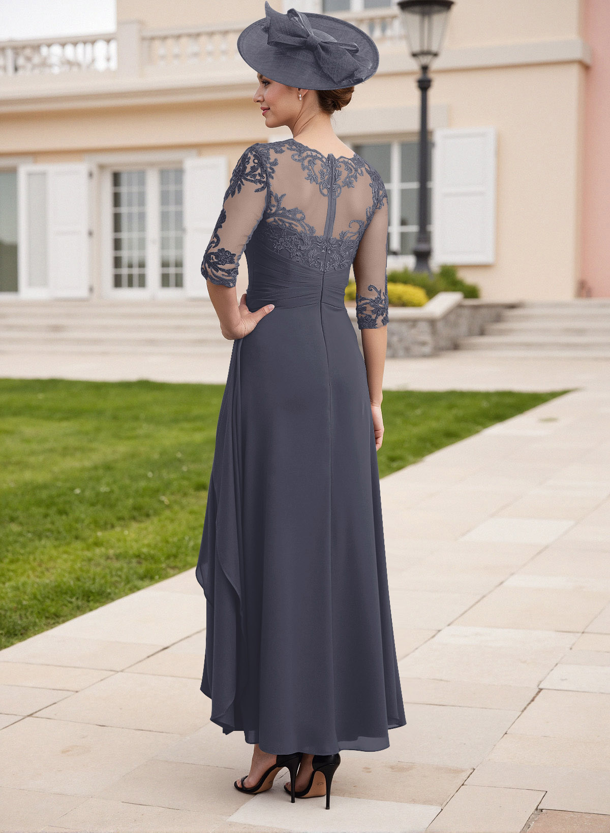 Elegant Illusion Neck A-Line Ankle-Length Lace/Chiffon Mother Of The Bride Dresses