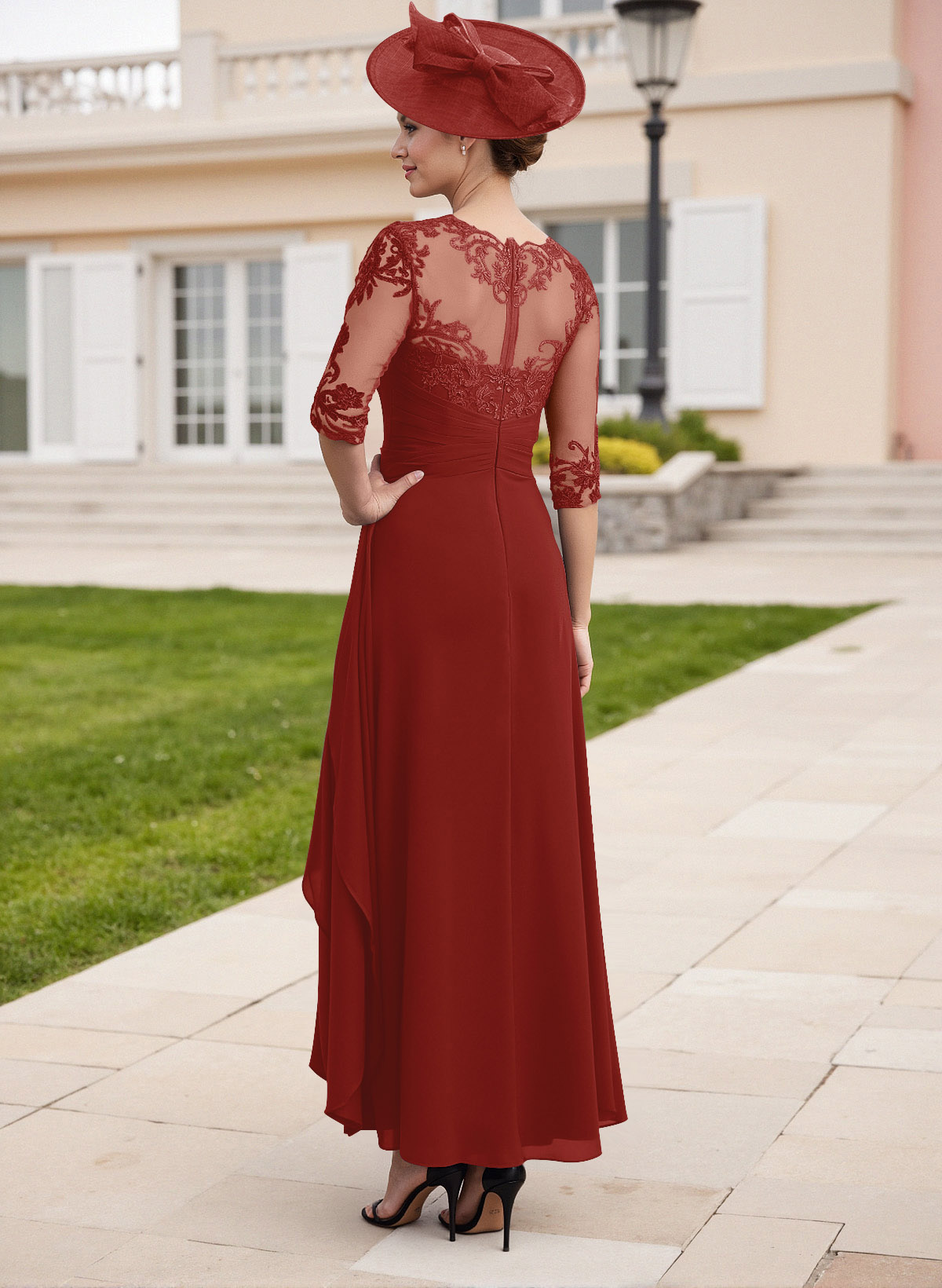 Elegant Illusion Neck A-Line Ankle-Length Lace/Chiffon Mother Of The Bride Dresses