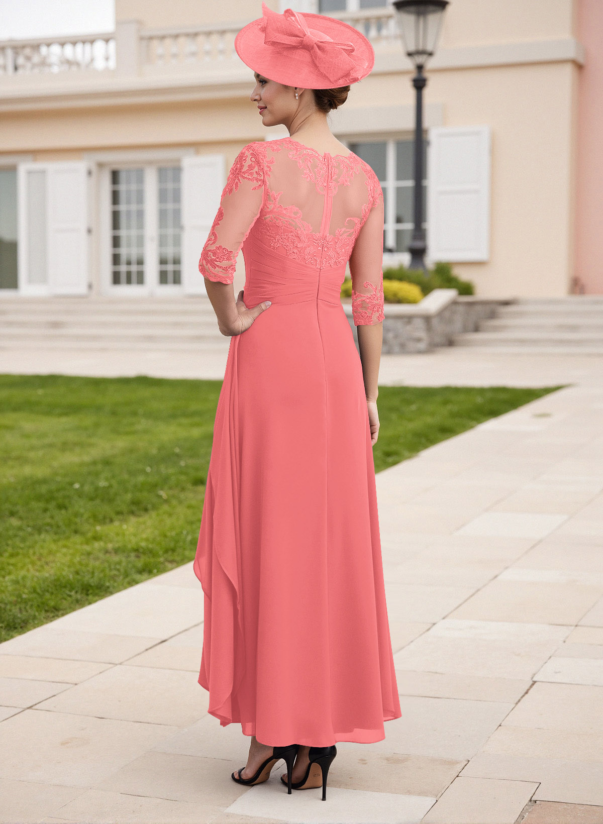 Elegant Illusion Neck A-Line Ankle-Length Lace/Chiffon Mother Of The Bride Dresses