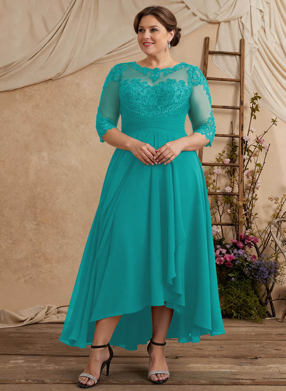 Elegant Illusion Neck A-Line Ankle-Length Lace/Chiffon Mother Of The Bride Dresses
