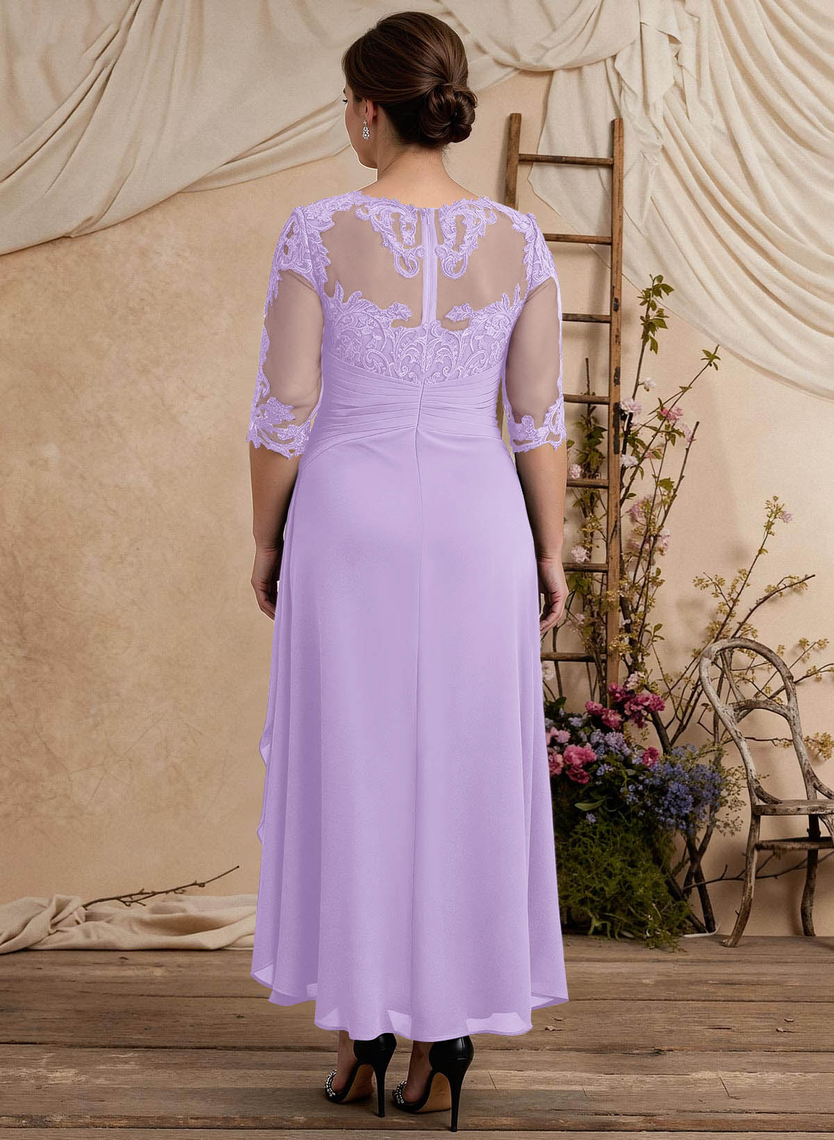 Elegant Illusion Neck A-Line Ankle-Length Lace/Chiffon Mother Of The Bride Dresses