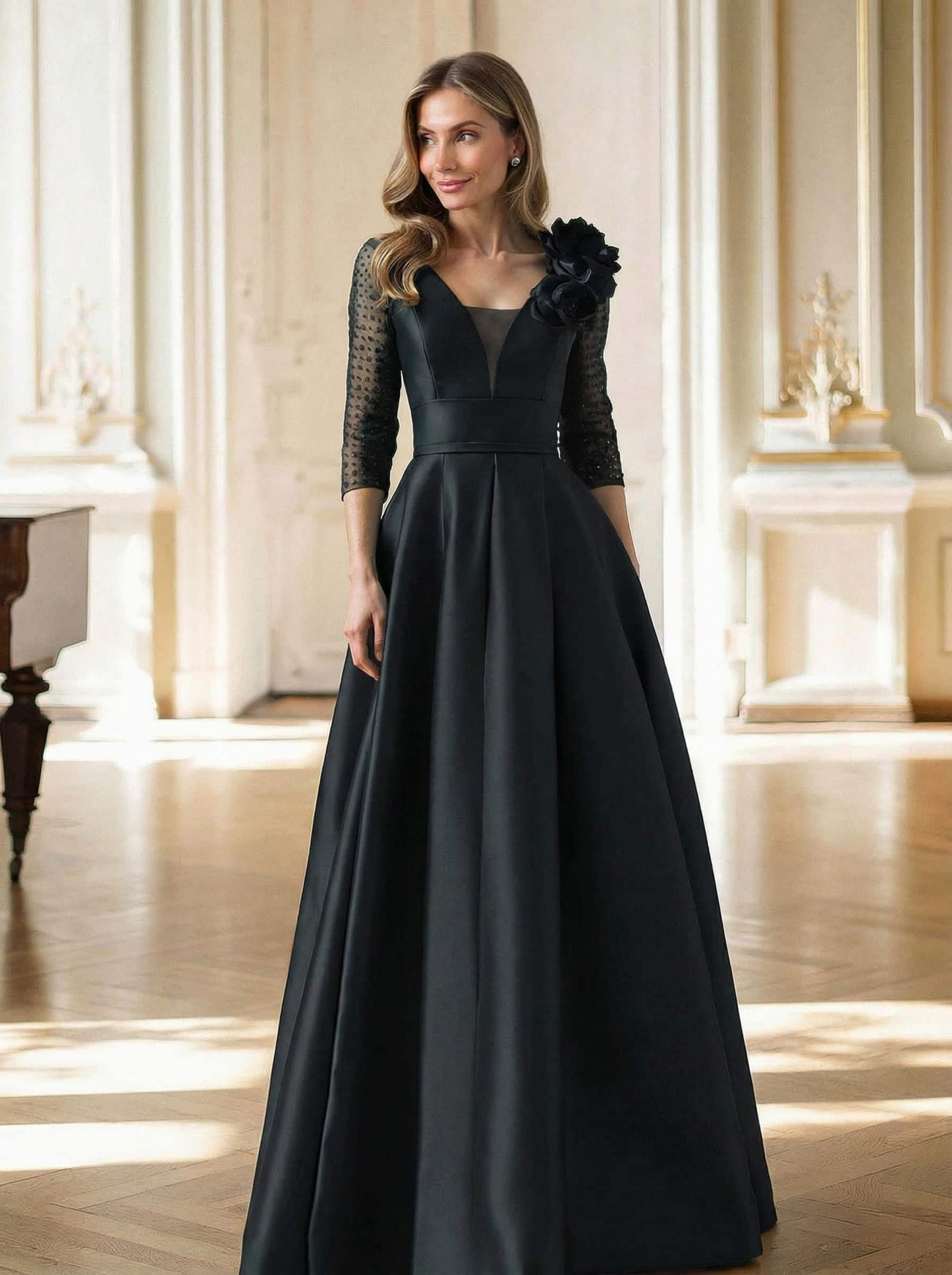 Elegant V-Neck 3/4 Sleeves A-Line Floor-Length Satin Mother Of The Bride Dresses With Flower(s)