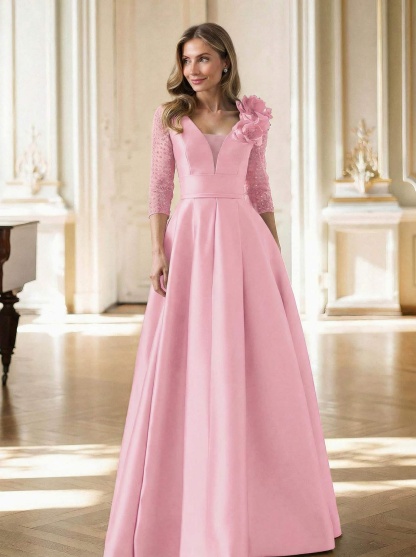 Elegant V-Neck 3/4 Sleeves A-Line Floor-Length Satin Mother Of The Bride Dresses With Flower(s)