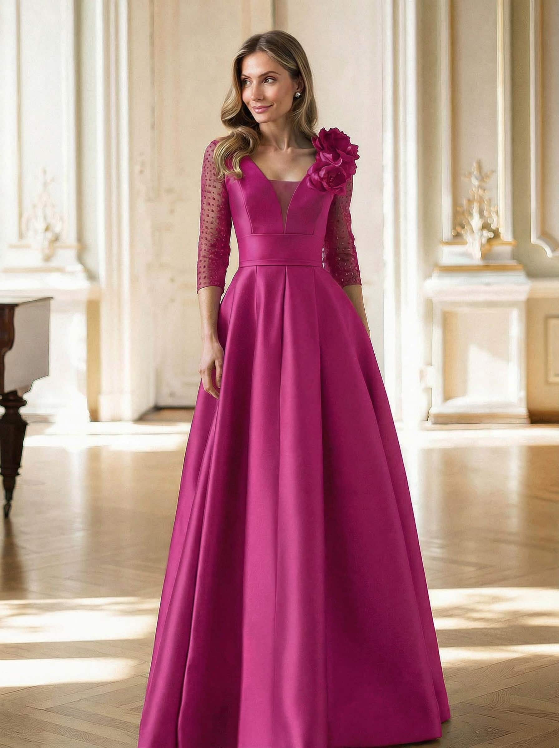 Elegant V-Neck 3/4 Sleeves A-Line Floor-Length Satin Mother Of The Bride Dresses With Flower(s)