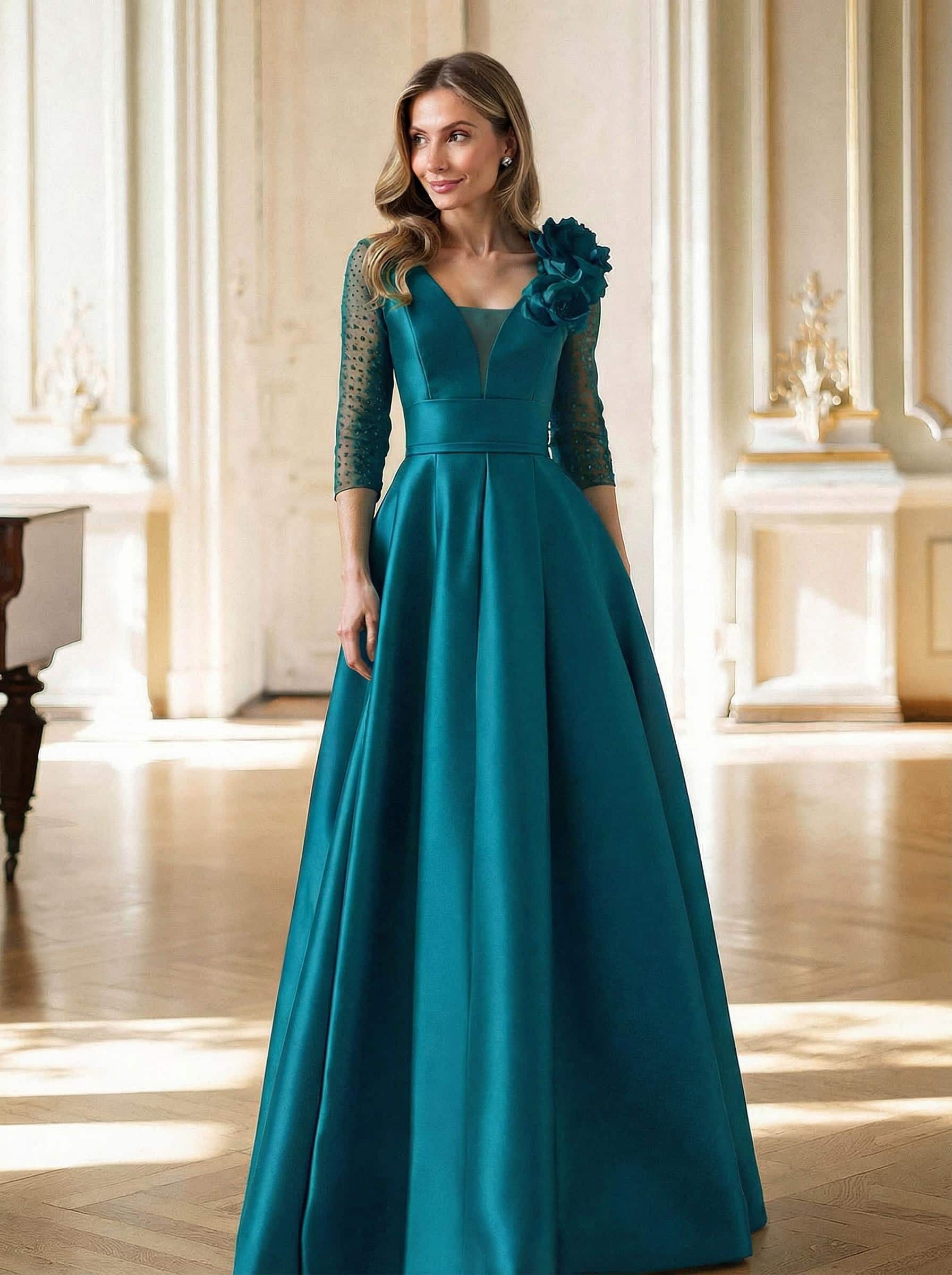 Elegant V-Neck 3/4 Sleeves A-Line Floor-Length Satin Mother Of The Bride Dresses With Flower(s)