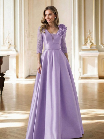 Elegant V-Neck 3/4 Sleeves A-Line Floor-Length Satin Mother Of The Bride Dresses With Flower(s)