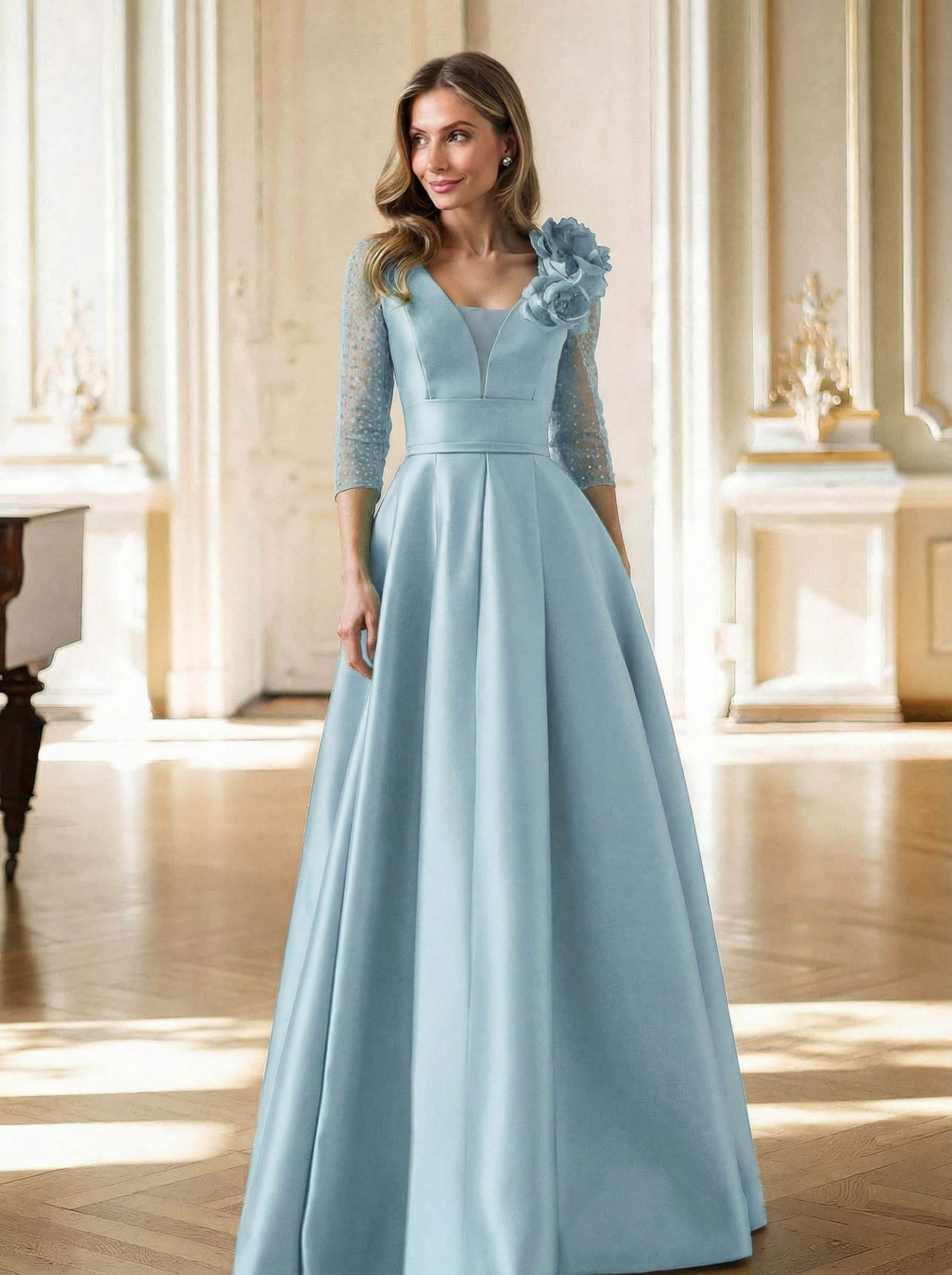 Elegant V-Neck 3/4 Sleeves A-Line Floor-Length Satin Mother Of The Bride Dresses With Flower(s)