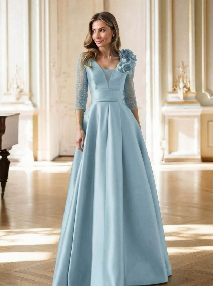 Elegant V-Neck 3/4 Sleeves A-Line Floor-Length Satin Mother Of The Bride Dresses With Flower(s)