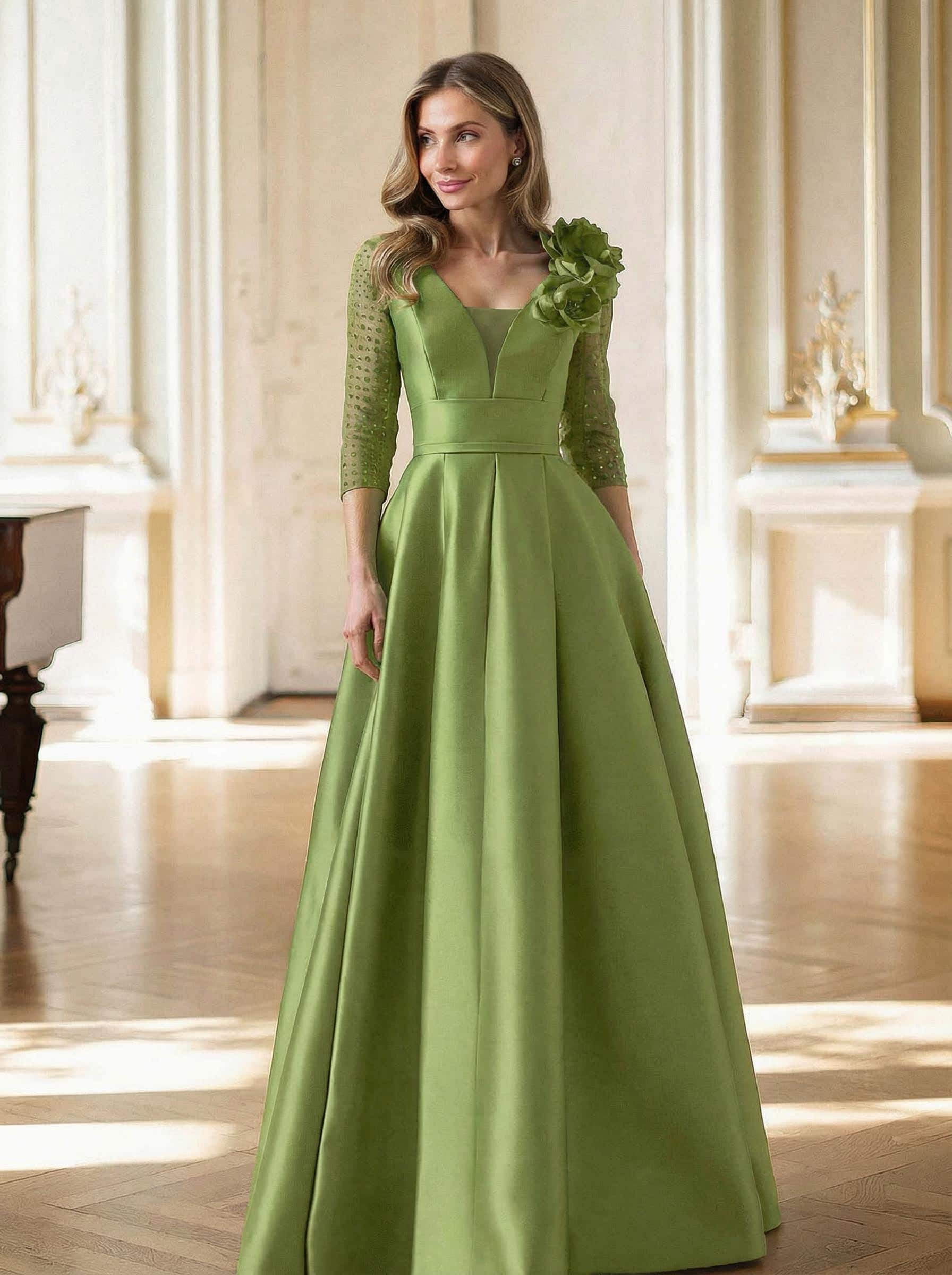 Elegant V-Neck 3/4 Sleeves A-Line Floor-Length Satin Mother Of The Bride Dresses With Flower(s)
