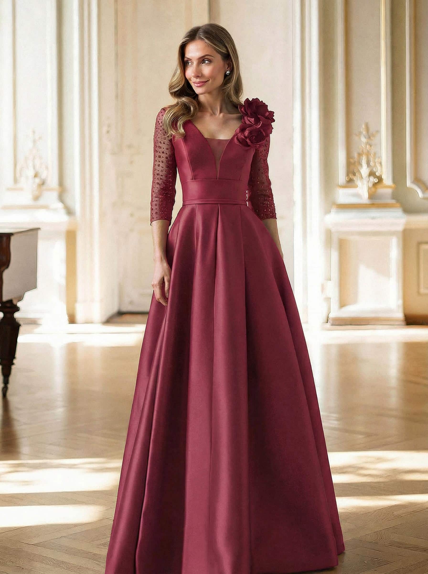 Elegant V-Neck 3/4 Sleeves A-Line Floor-Length Satin Mother Of The Bride Dresses With Flower(s)