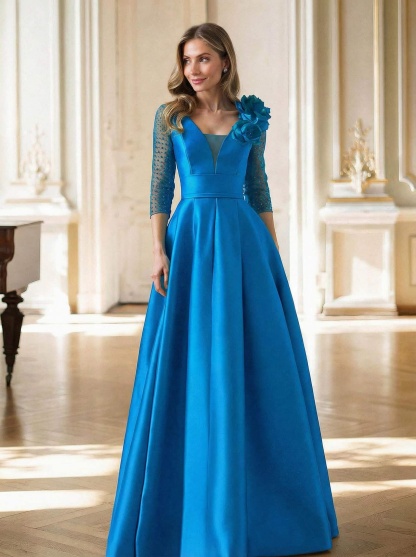 Elegant V-Neck 3/4 Sleeves A-Line Floor-Length Satin Mother Of The Bride Dresses With Flower(s)