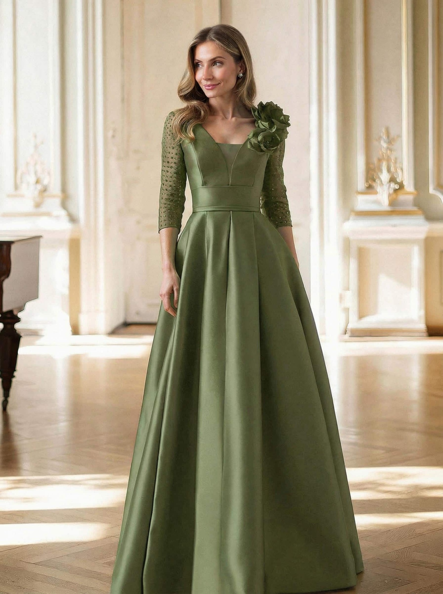 Elegant V-Neck 3/4 Sleeves A-Line Floor-Length Satin Mother Of The Bride Dresses With Flower(s)