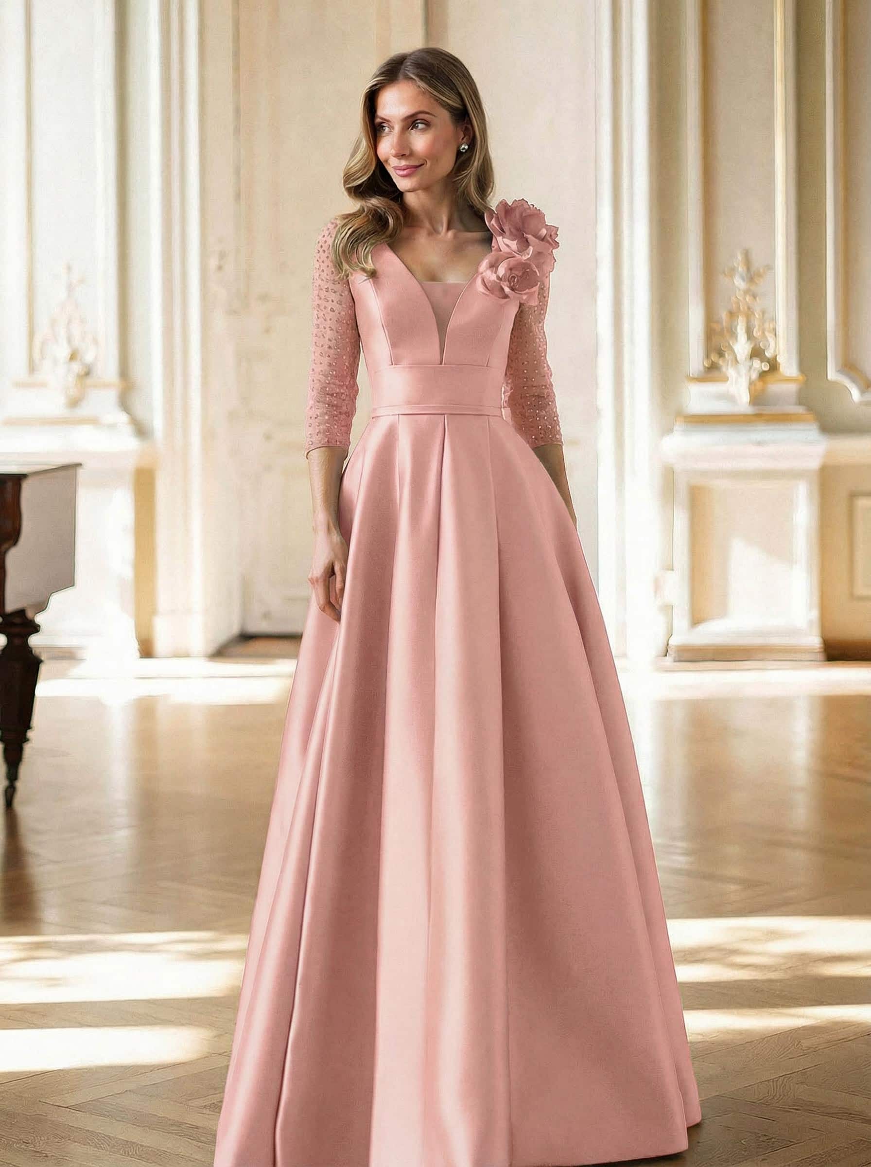 Elegant V-Neck 3/4 Sleeves A-Line Floor-Length Satin Mother Of The Bride Dresses With Flower(s)