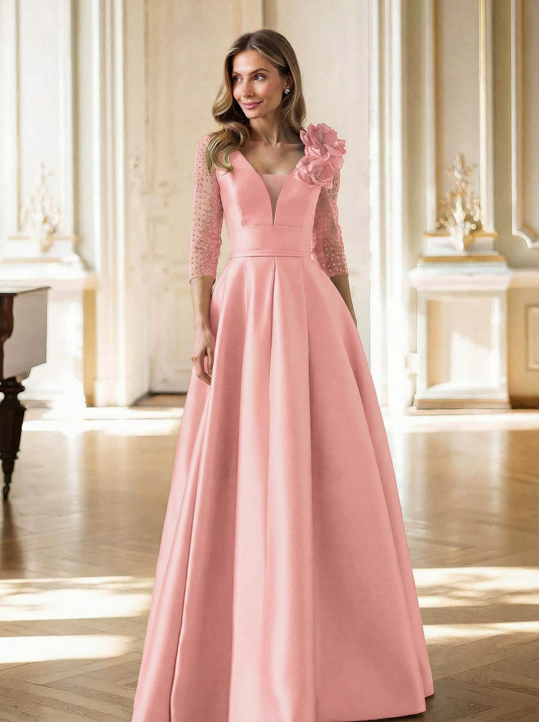 Elegant V-Neck 3/4 Sleeves A-Line Floor-Length Satin Mother Of The Bride Dresses With Flower(s)