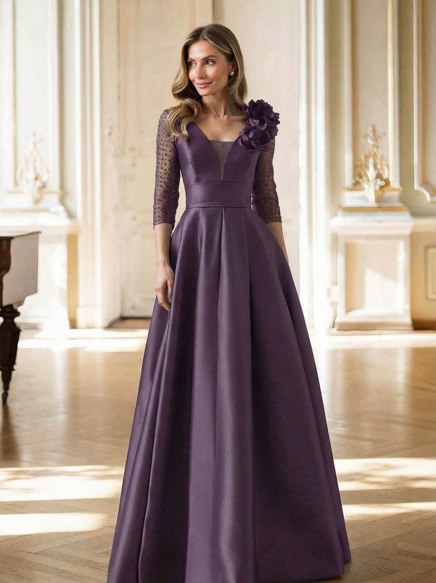 Elegant V-Neck 3/4 Sleeves A-Line Floor-Length Satin Mother Of The Bride Dresses With Flower(s)
