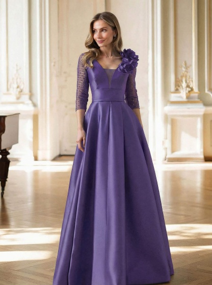 Elegant V-Neck 3/4 Sleeves A-Line Floor-Length Satin Mother Of The Bride Dresses With Flower(s)