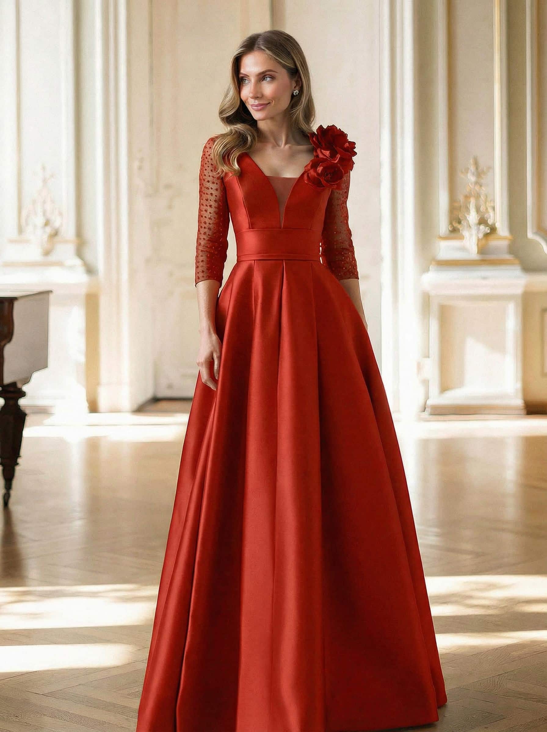 Elegant V-Neck 3/4 Sleeves A-Line Floor-Length Satin Mother Of The Bride Dresses With Flower(s)