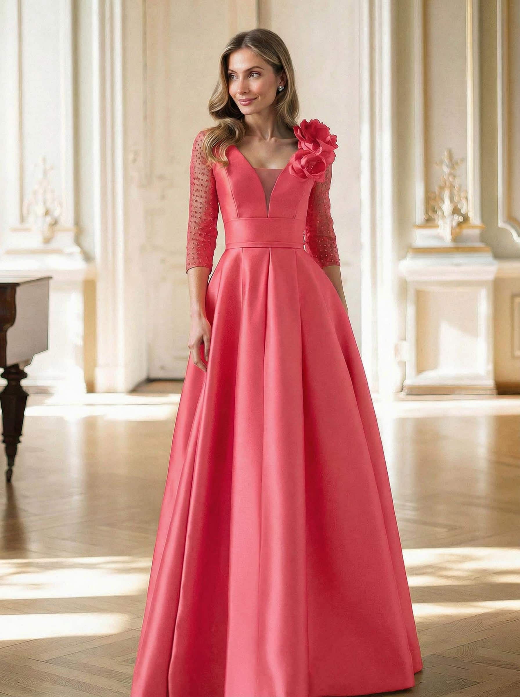 Elegant V-Neck 3/4 Sleeves A-Line Floor-Length Satin Mother Of The Bride Dresses With Flower(s)