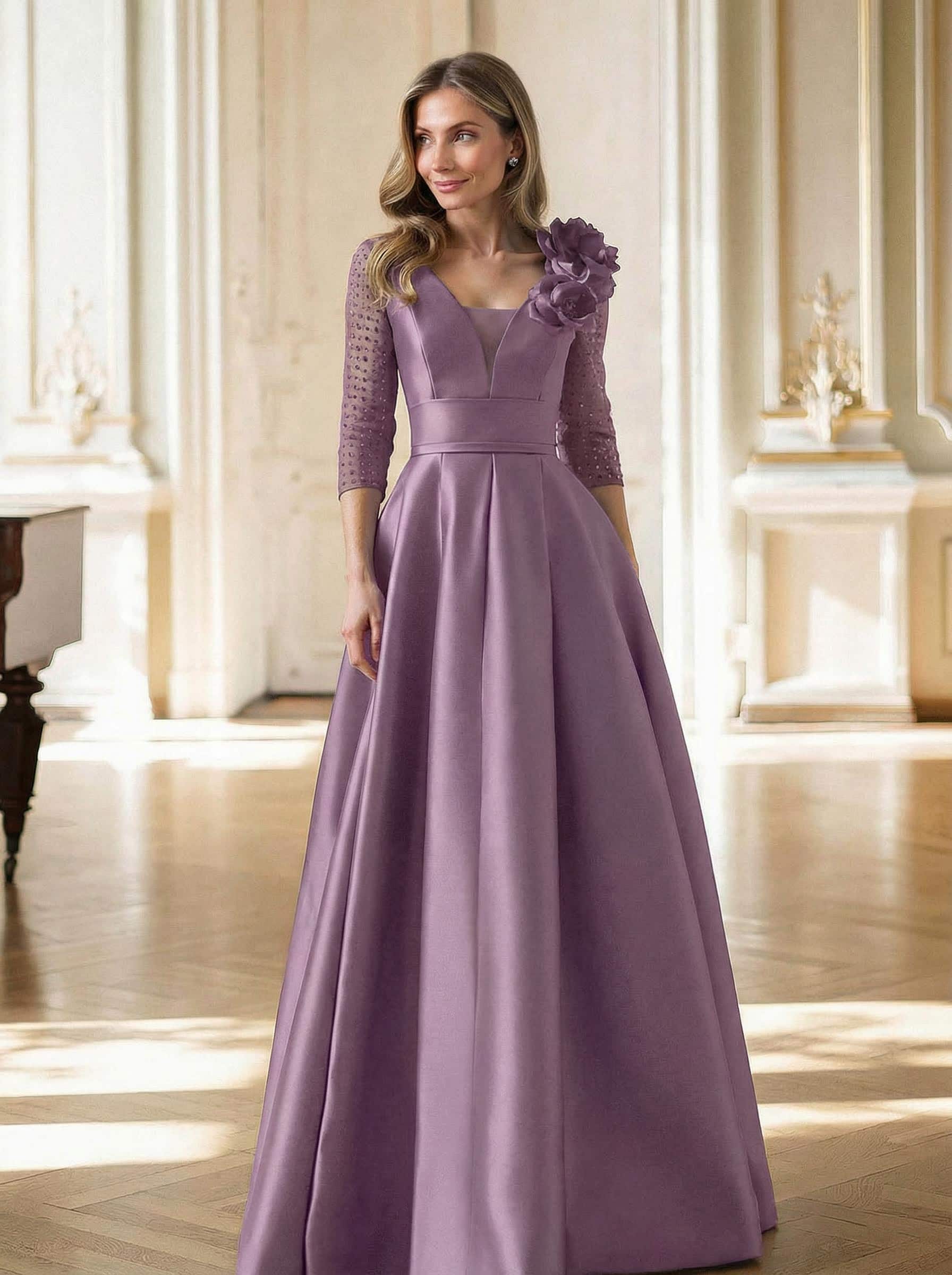Elegant V-Neck 3/4 Sleeves A-Line Floor-Length Satin Mother Of The Bride Dresses With Flower(s)