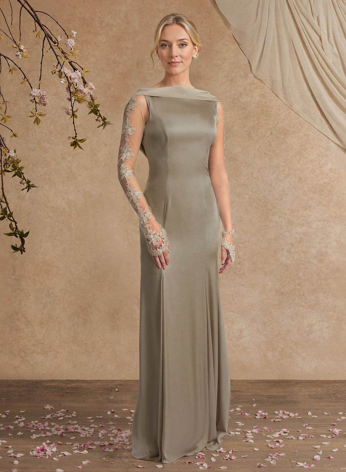Sheath/Column Long Sleeves Sweep Train Crepe Satin Mother Of The Bride Dresses With Appliques Lace