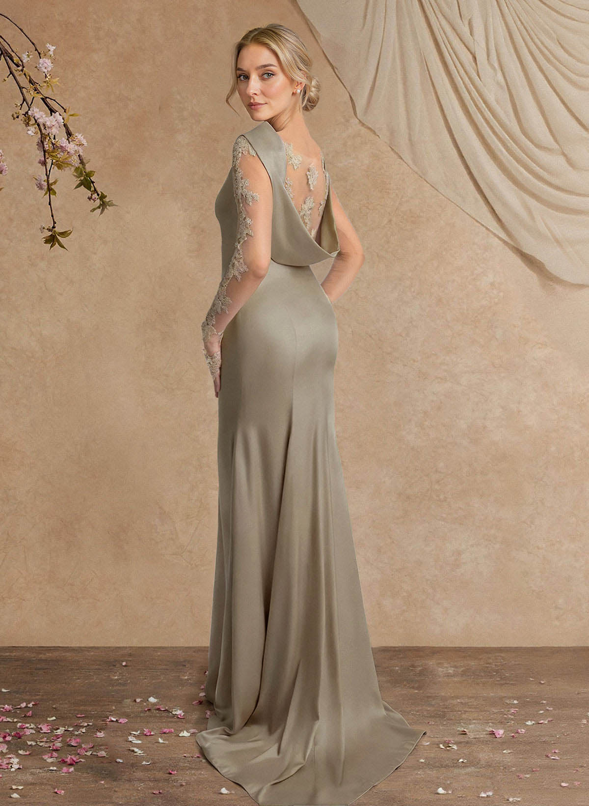 Sheath/Column Long Sleeves Sweep Train Crepe Satin Mother Of The Bride Dresses With Appliques Lace
