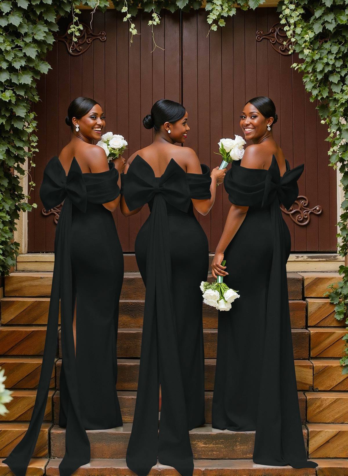 Sheath/Column Off-The-Shoulder Sleeveless Floor-Length Elastic Satin Bridesmaid Dresses With Bow/Pleated, product image 15