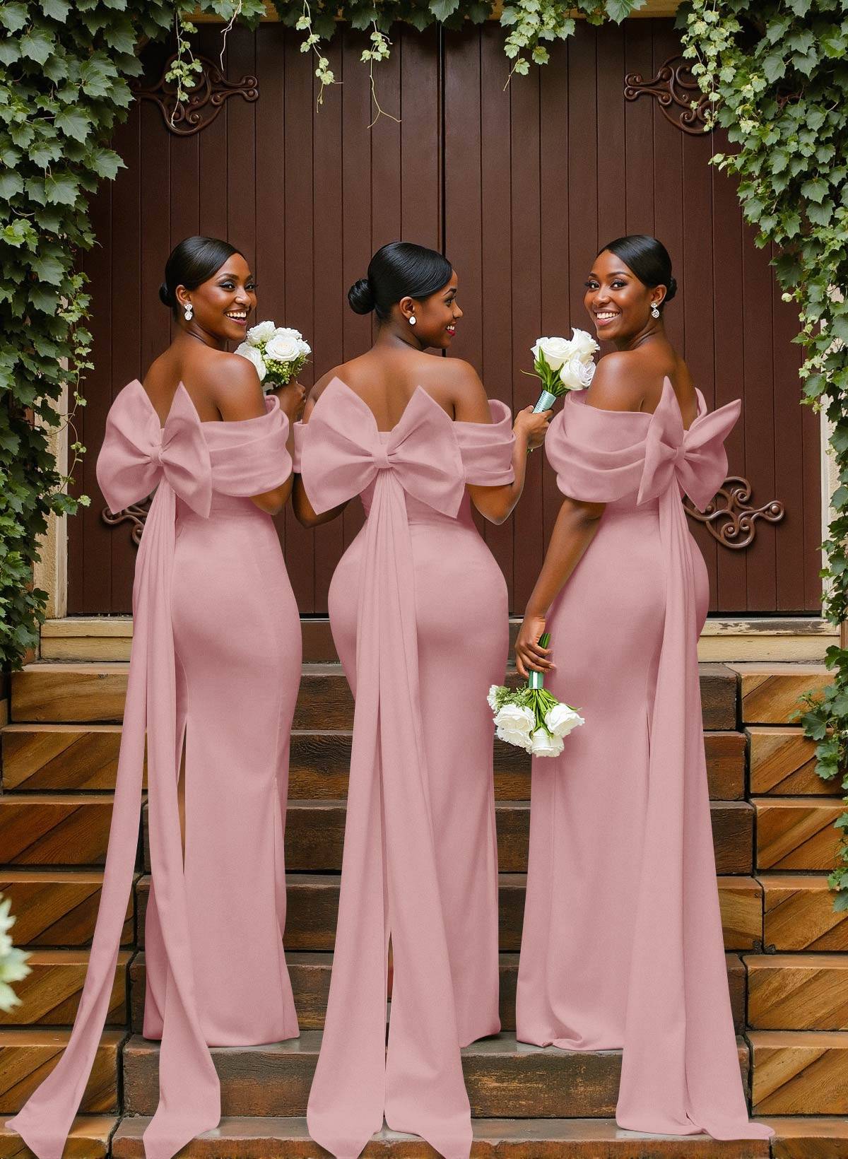 Sheath/Column Off-The-Shoulder Sleeveless Floor-Length Elastic Satin Bridesmaid Dresses With Bow/Pleated, product image 31