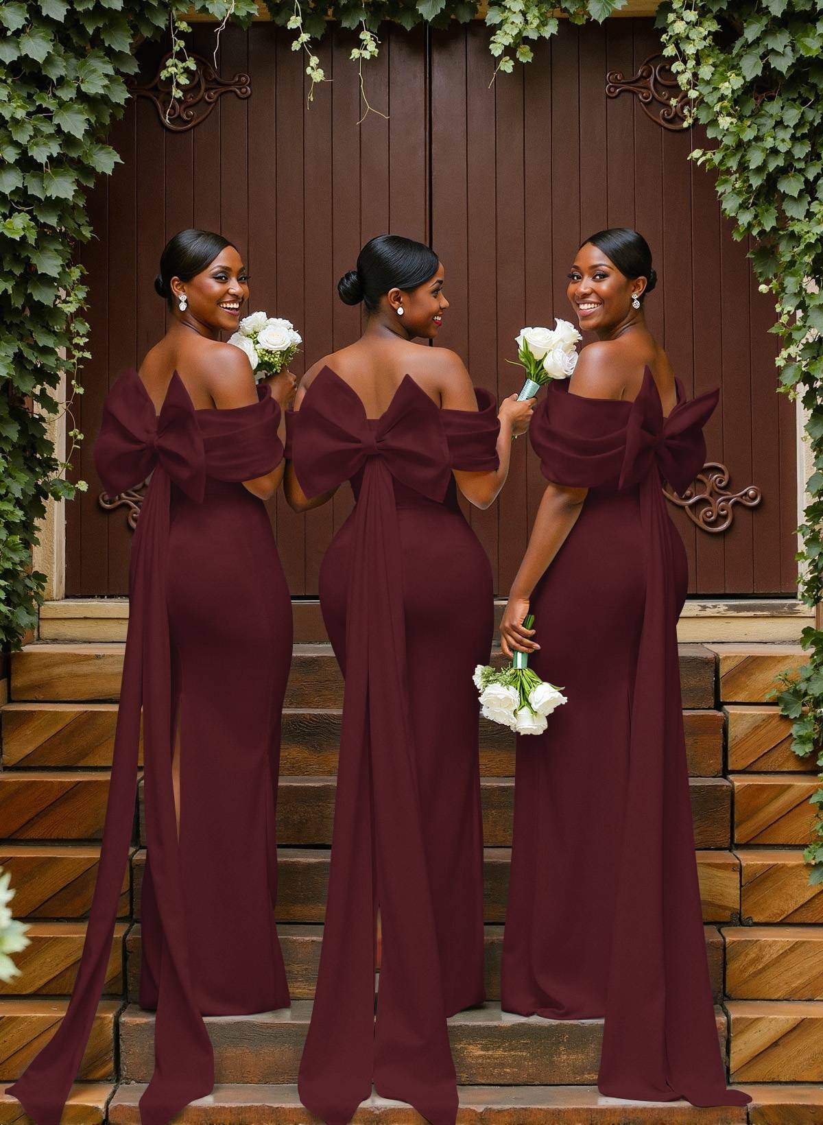 Sheath/Column Off-The-Shoulder Sleeveless Floor-Length Elastic Satin Bridesmaid Dresses With Bow/Pleated, product image 5