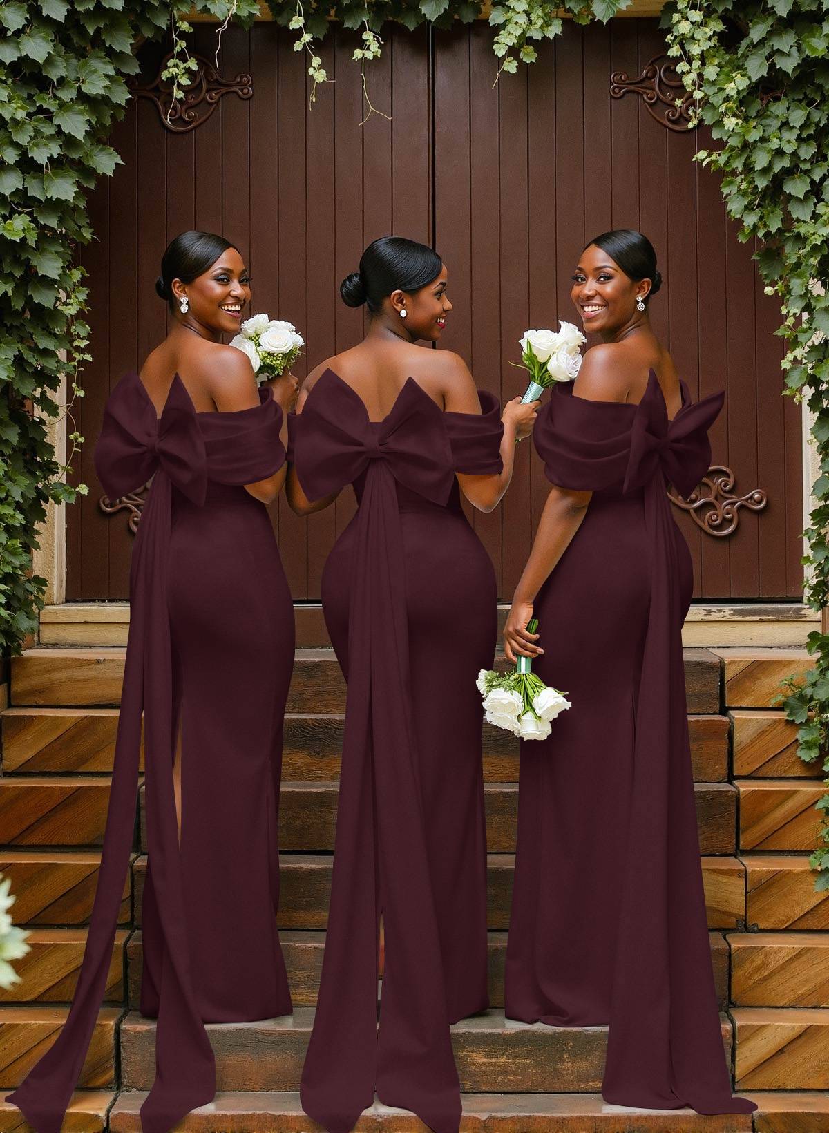 Sheath/Column Off-The-Shoulder Sleeveless Floor-Length Elastic Satin Bridesmaid Dresses With Bow/Pleated, product image 33