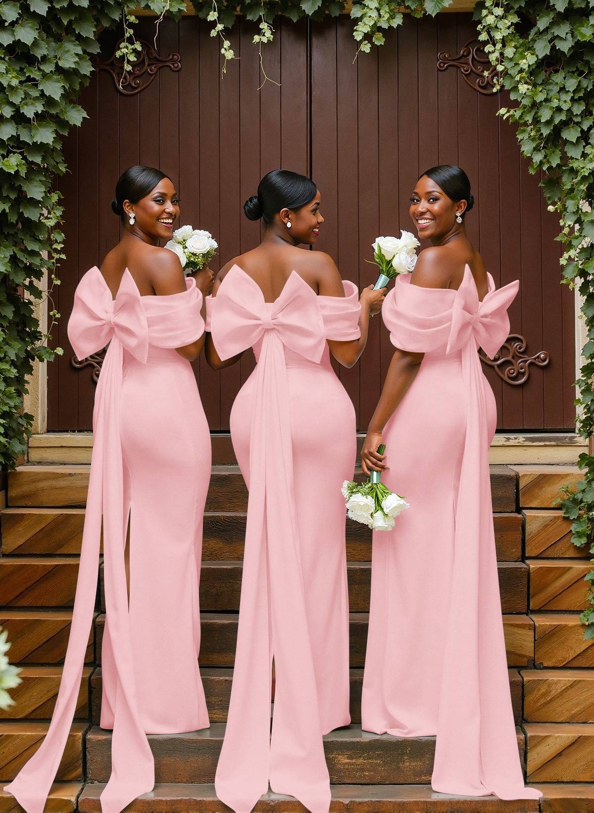 Sheath/Column Off-The-Shoulder Sleeveless Floor-Length Elastic Satin Bridesmaid Dresses With Bow/Pleated, product image 81