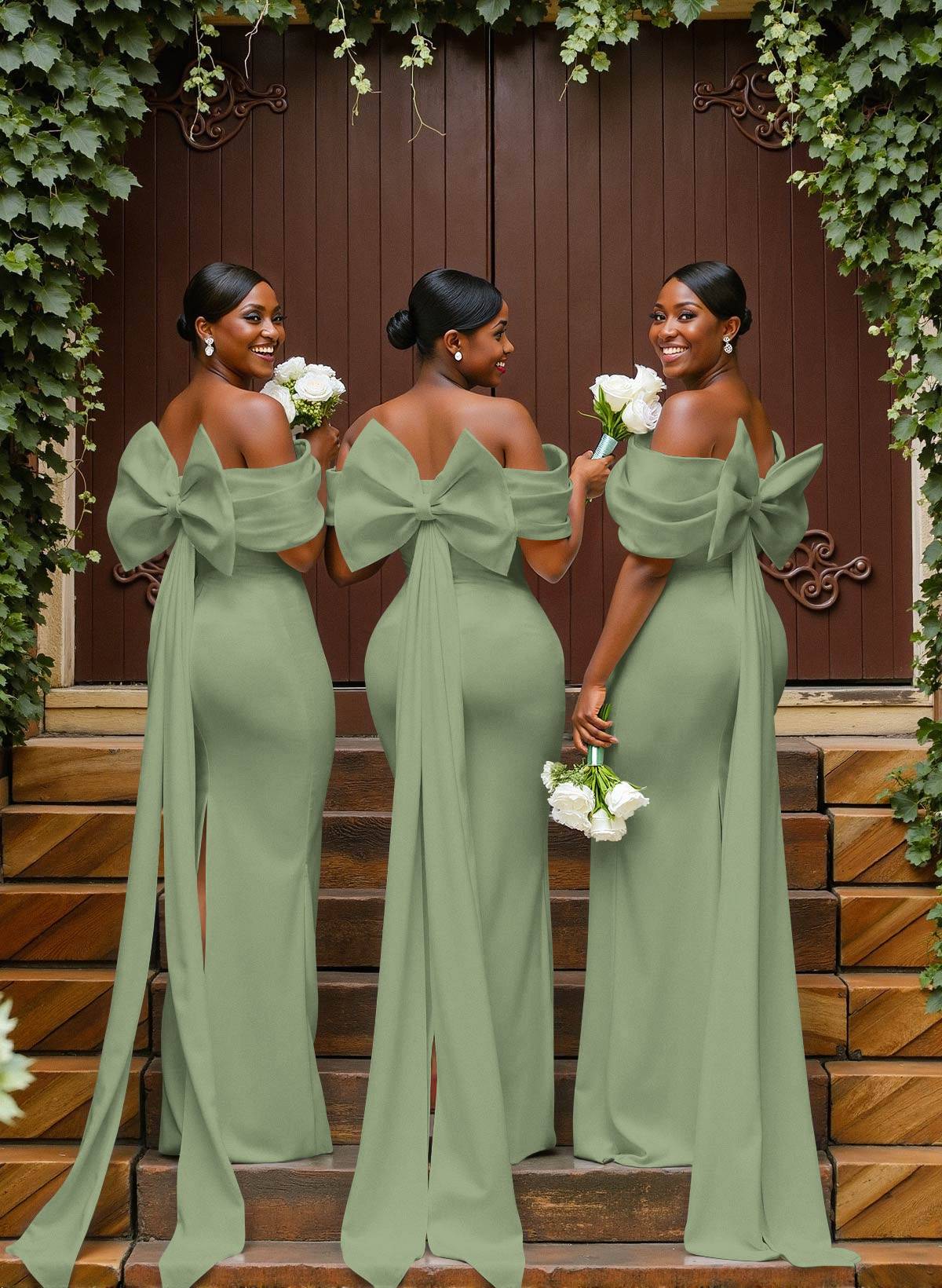 Sheath/Column Off-The-Shoulder Sleeveless Floor-Length Elastic Satin Bridesmaid Dresses With Bow/Pleated, product image 35