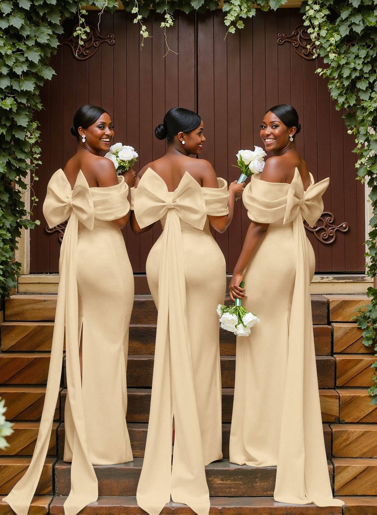 Sheath/Column Off-The-Shoulder Sleeveless Floor-Length Elastic Satin Bridesmaid Dresses With Bow/Pleated, product image 19