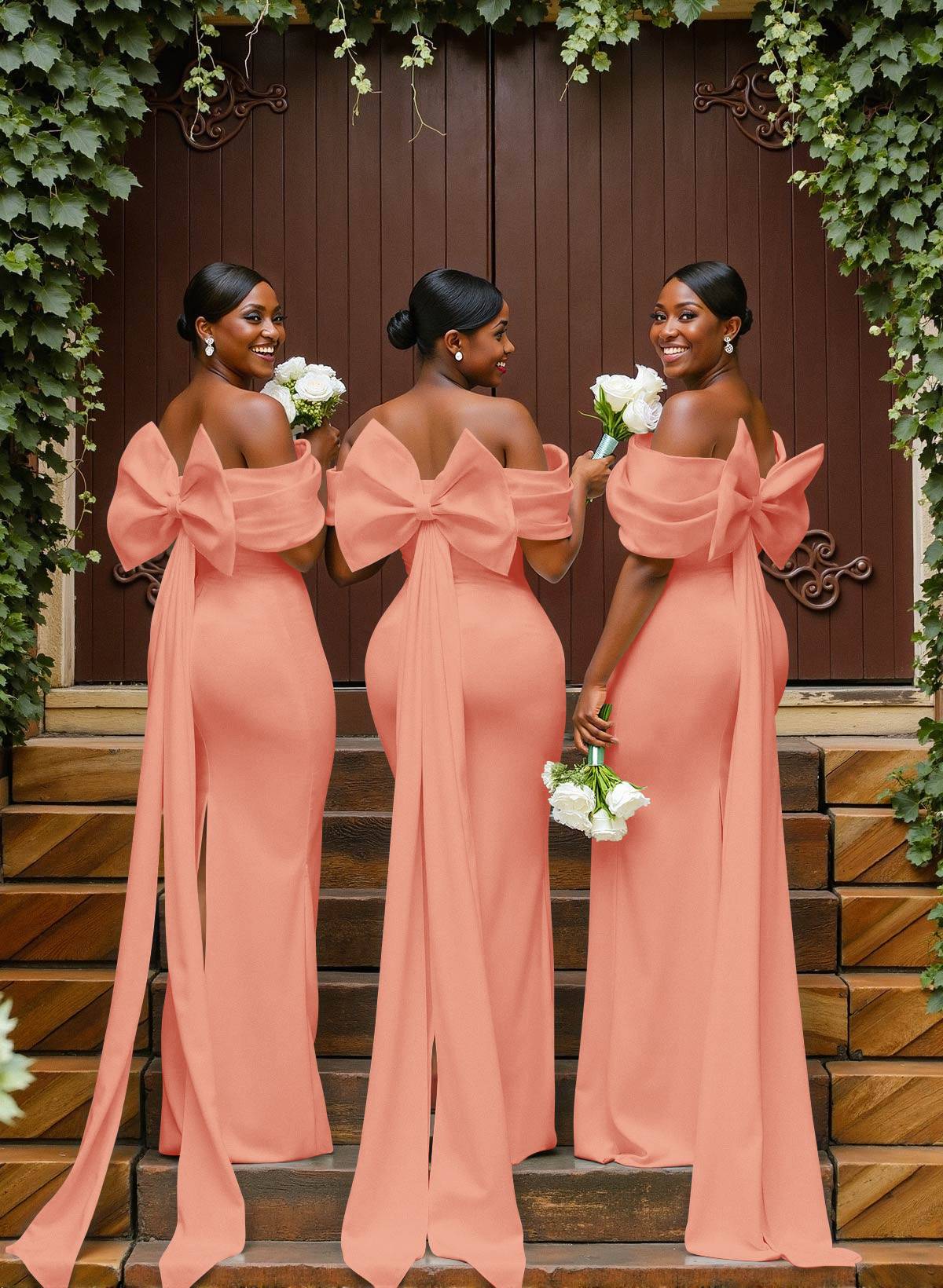 Sheath/Column Off-The-Shoulder Sleeveless Floor-Length Elastic Satin Bridesmaid Dresses With Bow/Pleated, product image 53