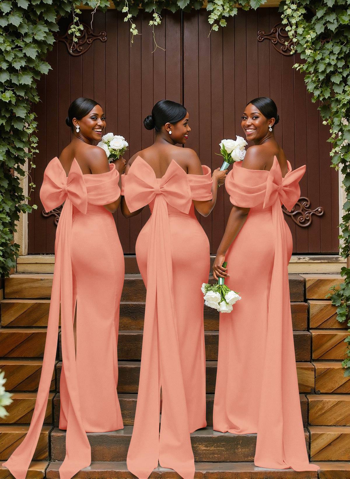 Sheath/Column Off-The-Shoulder Sleeveless Floor-Length Elastic Satin Bridesmaid Dresses With Bow/Pleated, product image 53