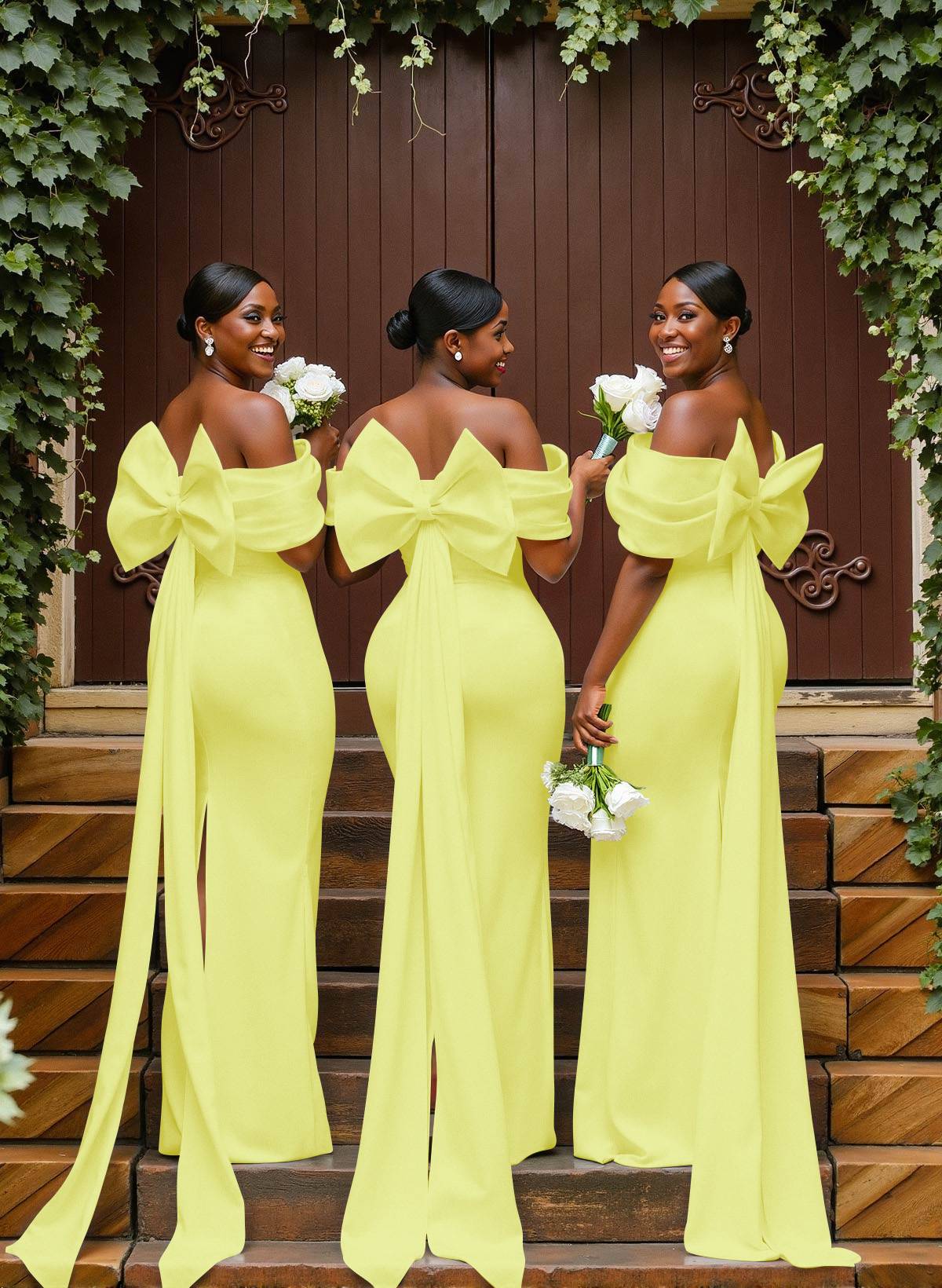 Sheath/Column Off-The-Shoulder Sleeveless Floor-Length Elastic Satin Bridesmaid Dresses With Bow/Pleated, product image 59