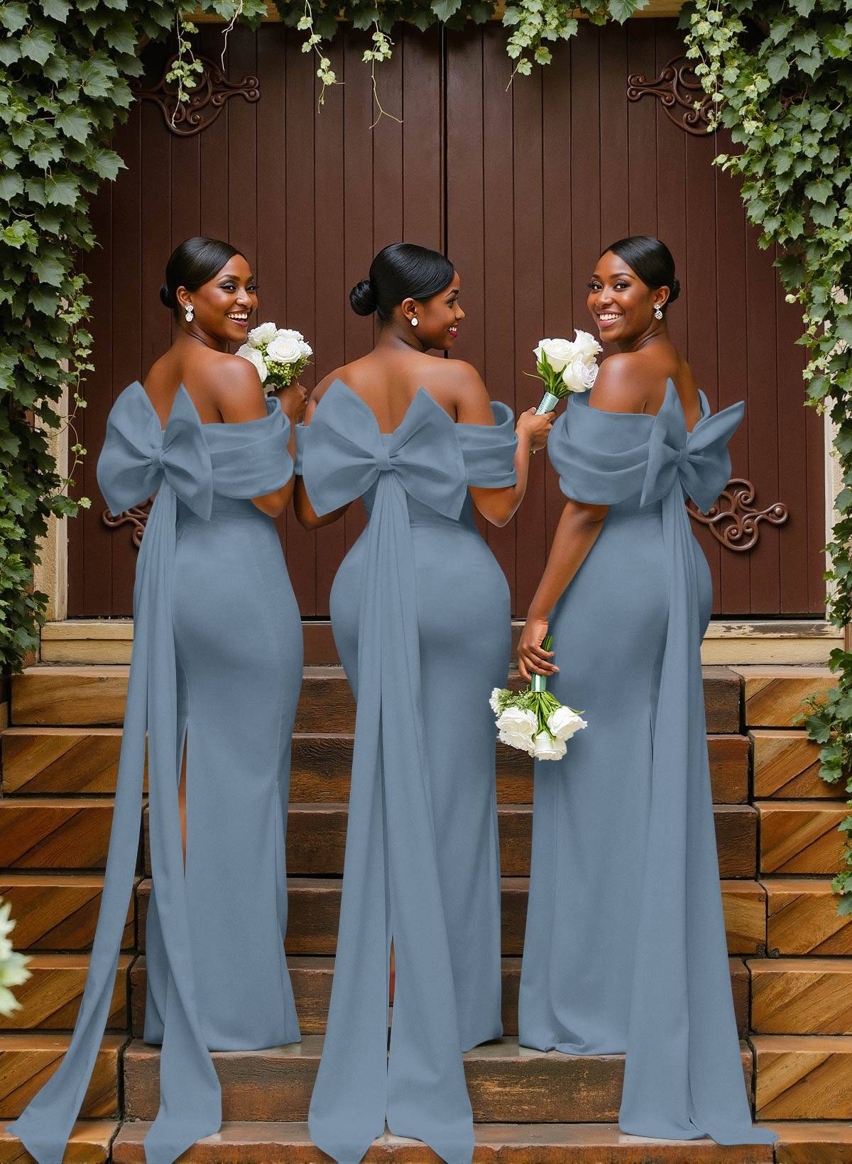 Sheath/Column Off-The-Shoulder Sleeveless Floor-Length Elastic Satin Bridesmaid Dresses With Bow/Pleated, product image 29