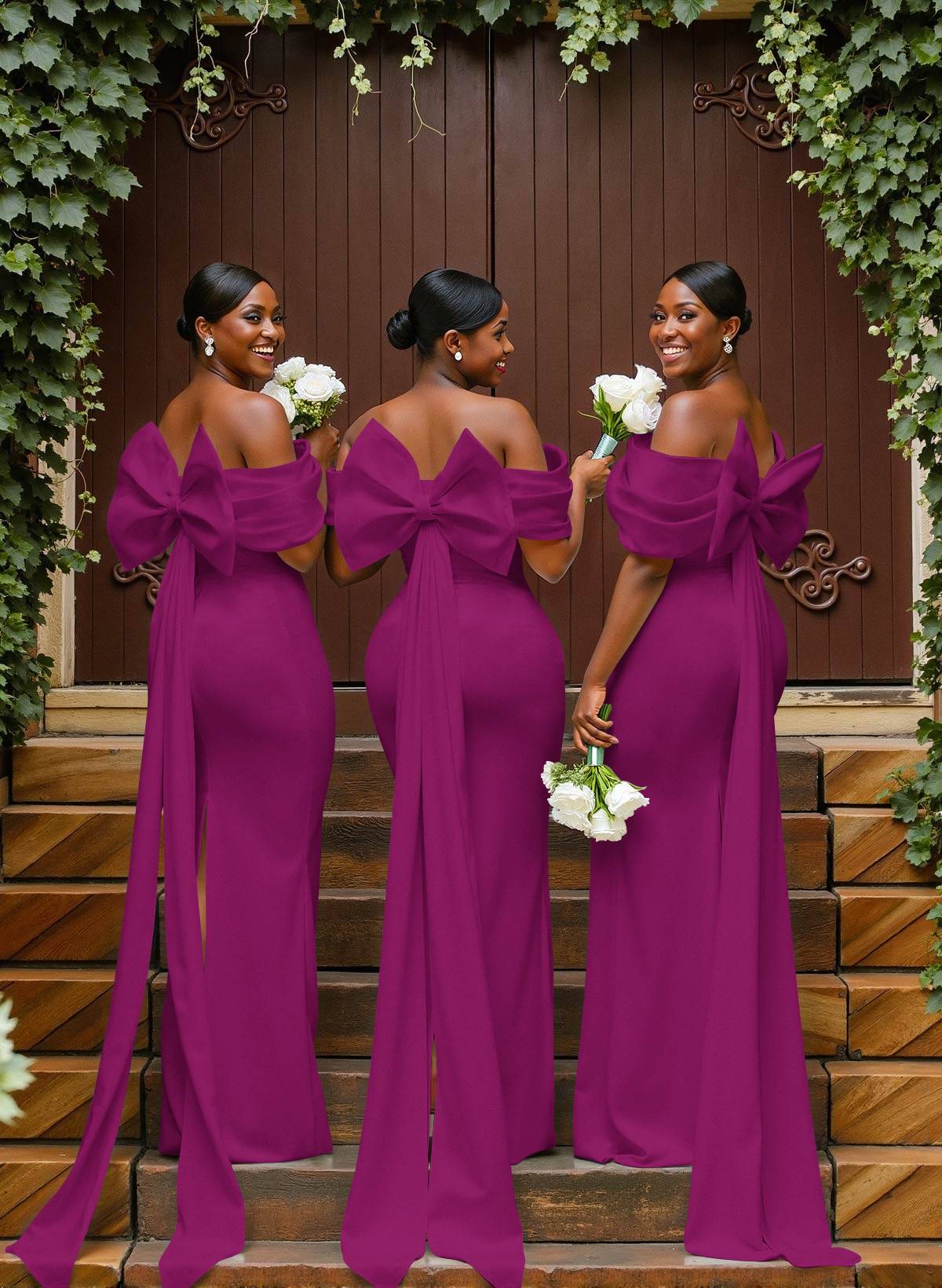 Sheath/Column Off-The-Shoulder Sleeveless Floor-Length Elastic Satin Bridesmaid Dresses With Bow/Pleated, product image 73