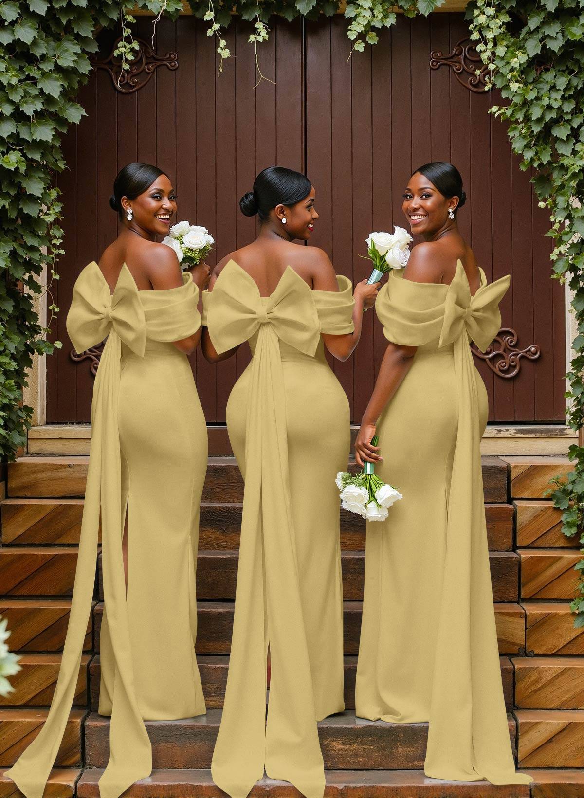 Sheath/Column Off-The-Shoulder Sleeveless Floor-Length Elastic Satin Bridesmaid Dresses With Bow/Pleated, product image 77