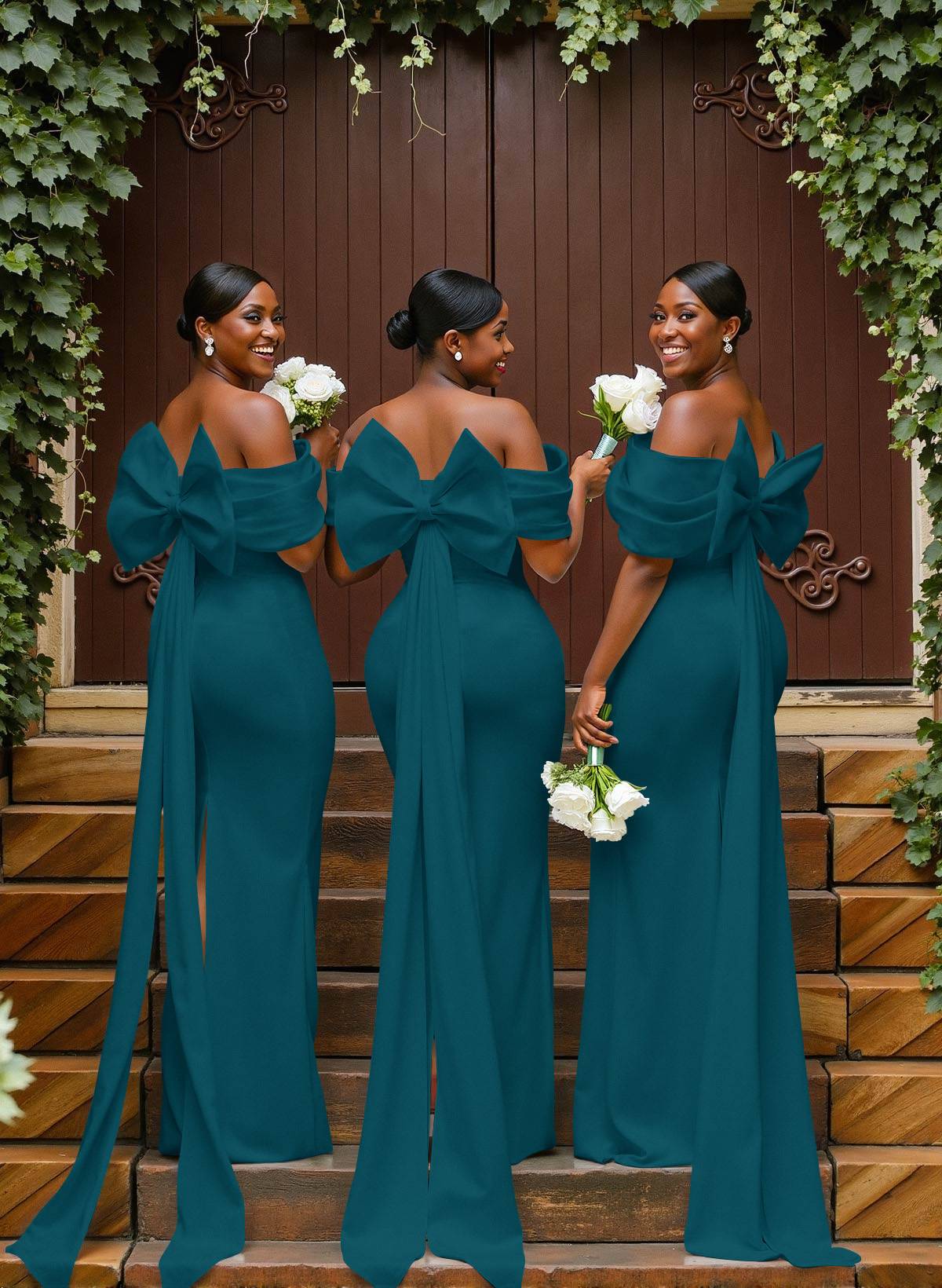 Sheath/Column Off-The-Shoulder Sleeveless Floor-Length Elastic Satin Bridesmaid Dresses With Bow/Pleated, product image 51
